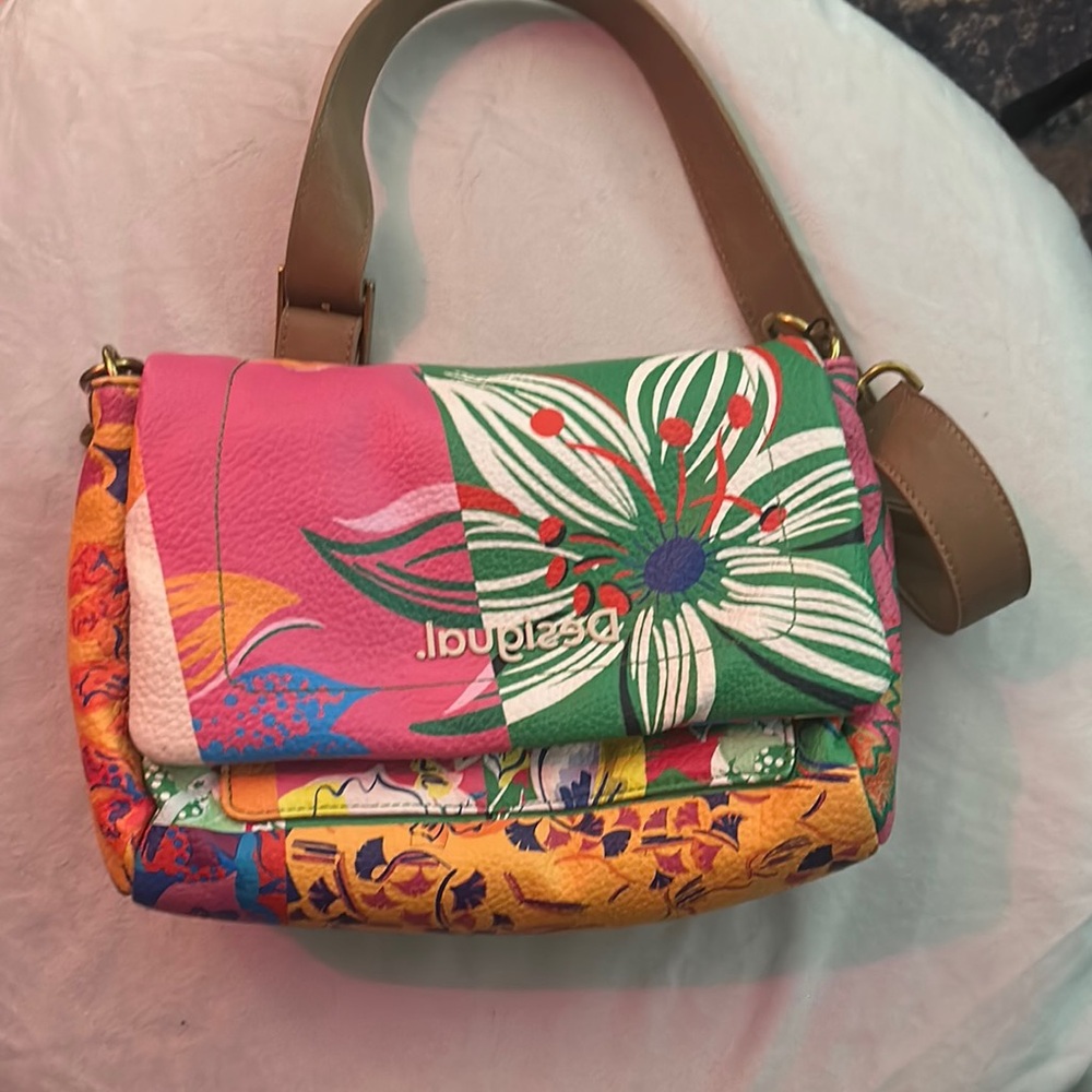 Desigual Pink and Green Shoulder Bag with Tropical Design